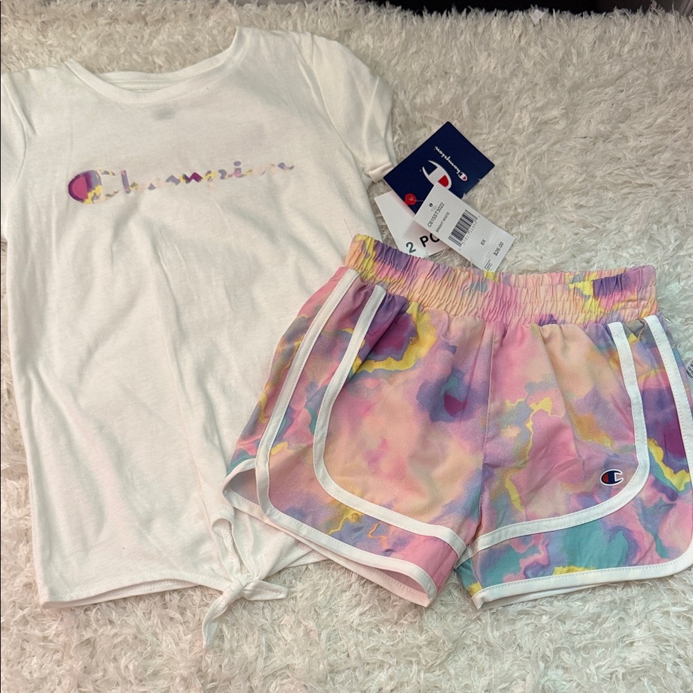 Champion Pastel Tie-Dye Shorts and White Tee Set nwt